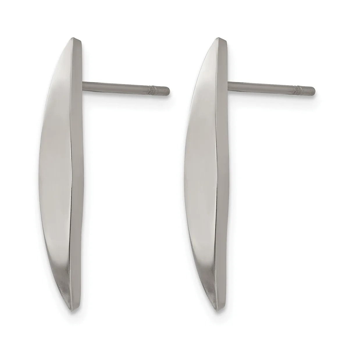 Pair of silver-tone elongated curved teardrop earrings with posts and backs displayed side by side.