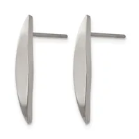 Pair of silver-tone elongated curved teardrop earrings with posts and backs displayed side by side.