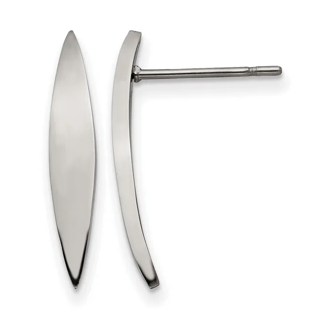 A pair of polished stainless steel stud earrings with elongated oval shapes, shown from front and side views with a thin post and backing.