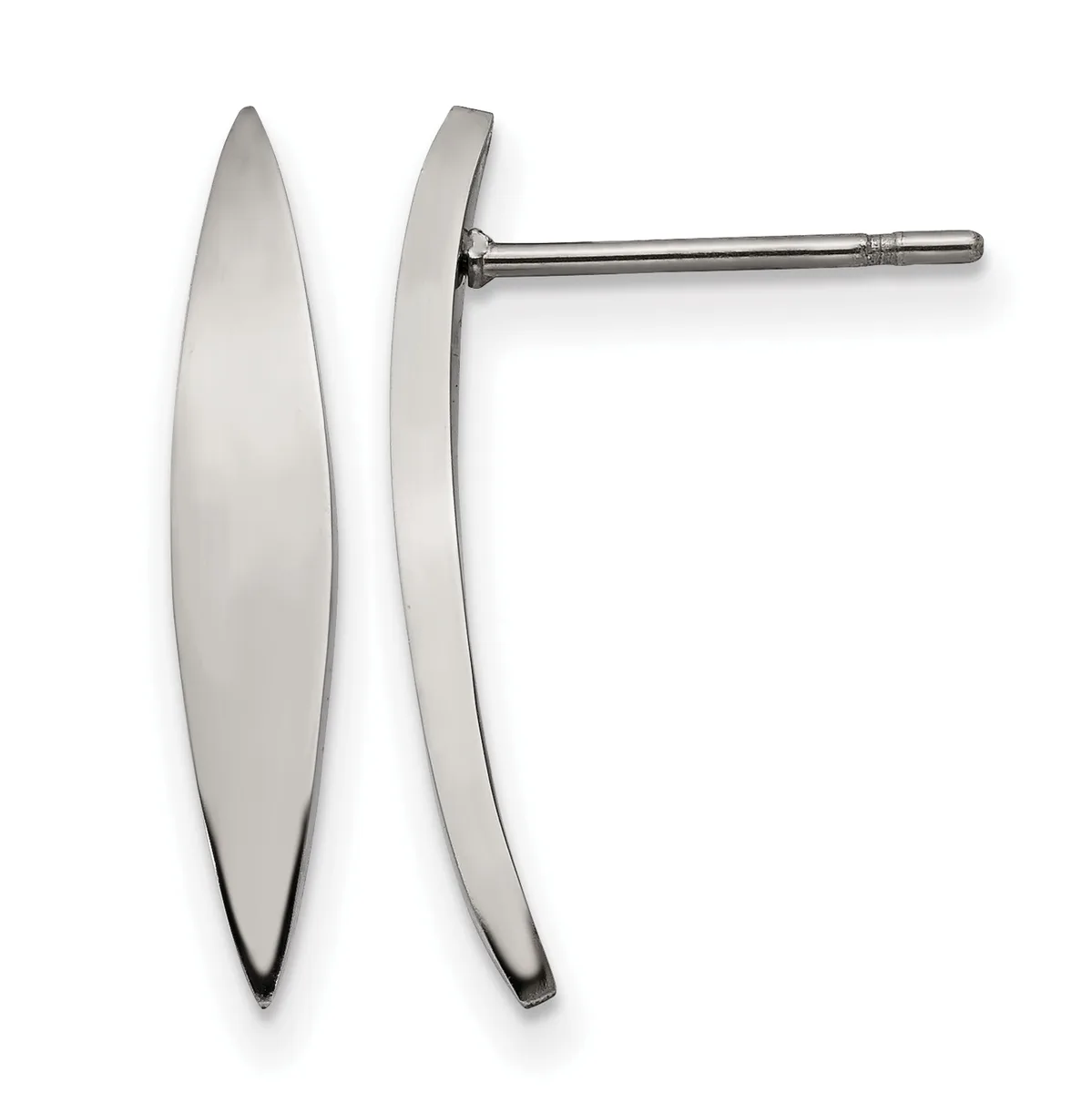 A pair of polished stainless steel stud earrings with elongated oval shapes, shown from front and side views with a thin post and backing.