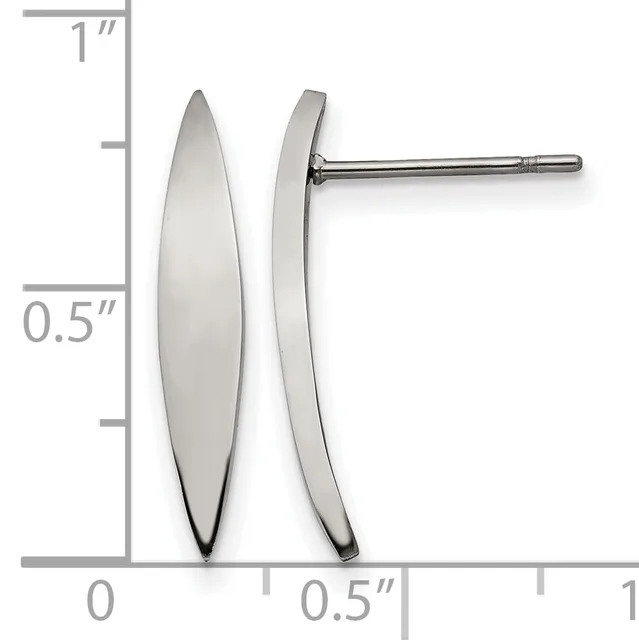 Pair of silver elongated oval stud earrings shown front and side view against a ruler indicating approximately one inch in length and half inch in width.