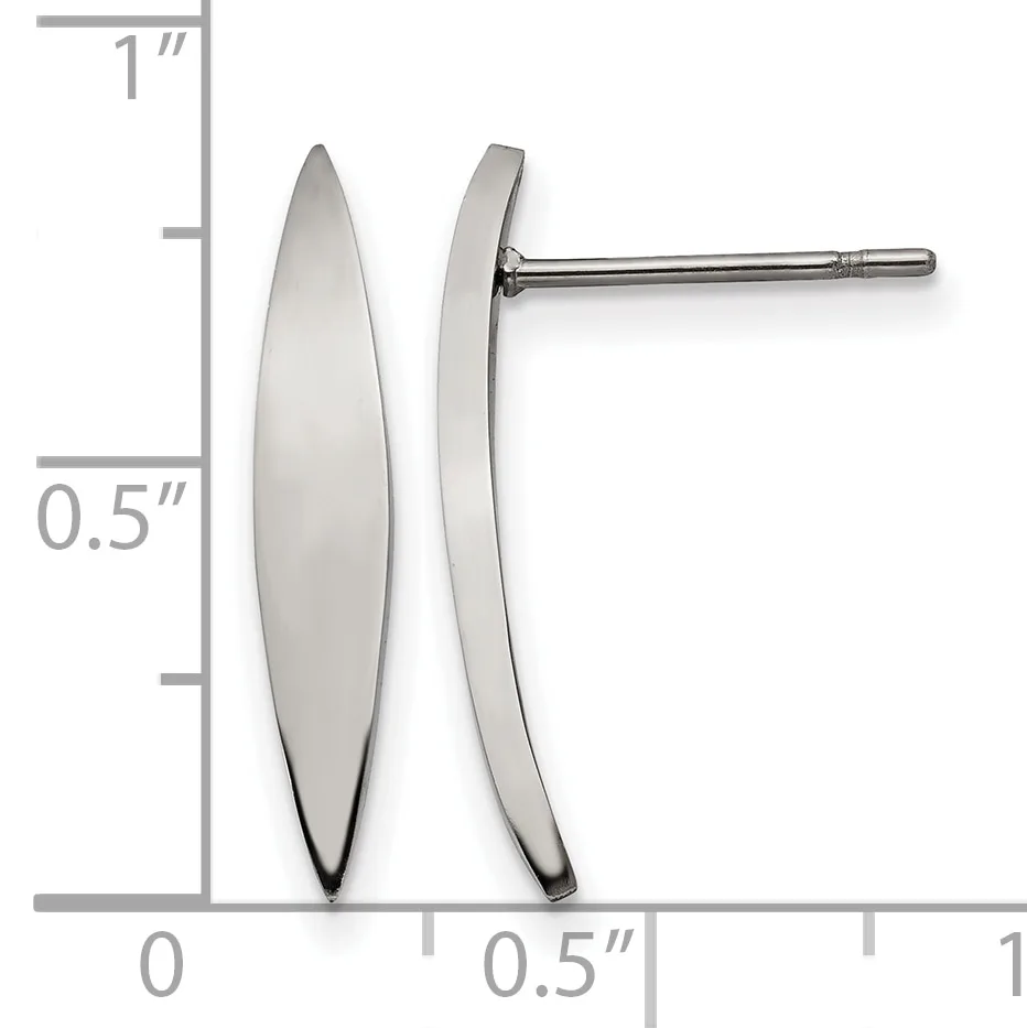 Pair of silver elongated oval stud earrings shown front and side view against a ruler indicating approximately one inch in length and half inch in width.