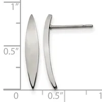 Pair of silver elongated oval stud earrings shown front and side view against a ruler indicating approximately one inch in length and half inch in width.