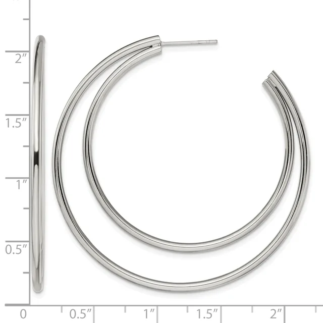 Two silver hoop earrings with posts, shown front and side view against a measurement scale indicating approximately 1.5 inches in diameter.