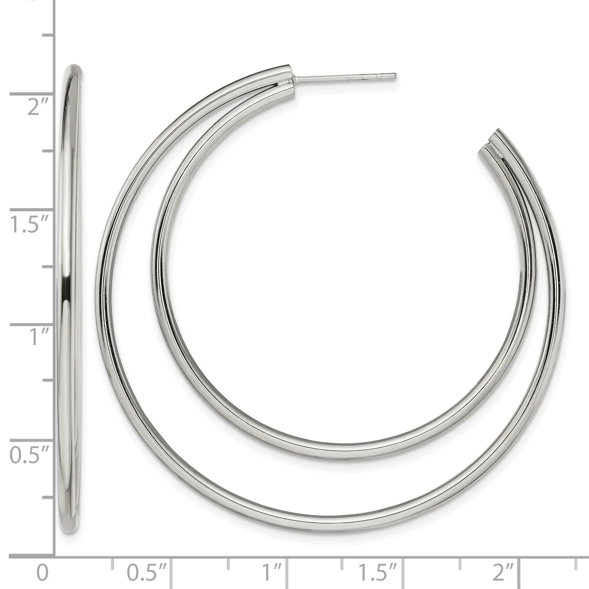 Two silver hoop earrings with posts, shown front and side view against a measurement scale indicating approximately 1.5 inches in diameter.