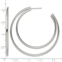 Two silver hoop earrings with posts, shown front and side view against a measurement scale indicating approximately 1.5 inches in diameter.
