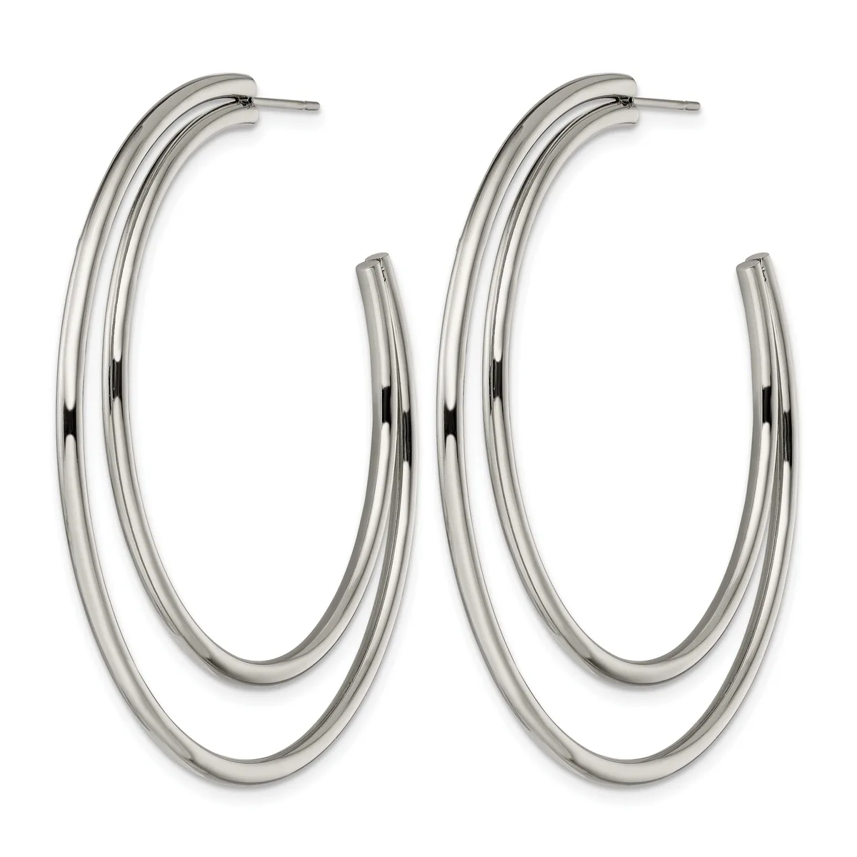 Pair of polished silver-toned double oval hoop earrings with posts and backs, shown against a white background.