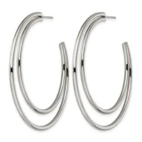 Pair of polished silver-toned double oval hoop earrings with posts and backs, shown against a white background.