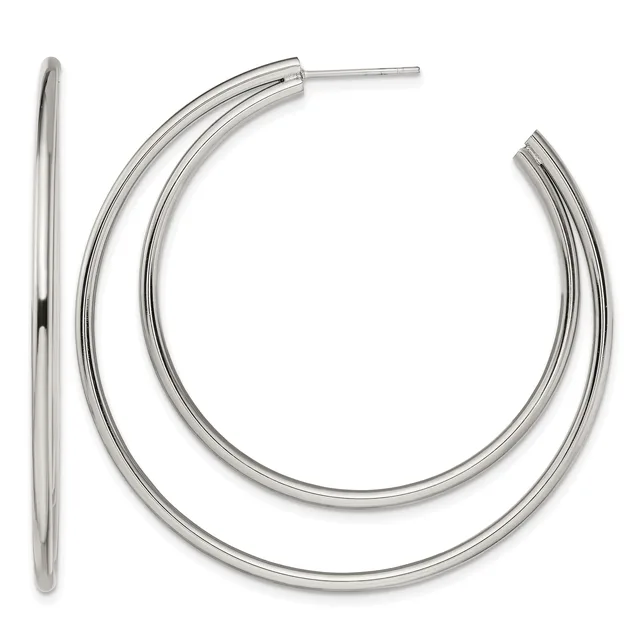 Pair of polished silver-toned hoop earrings with a smooth, curved design and post backs, displayed against a white background.