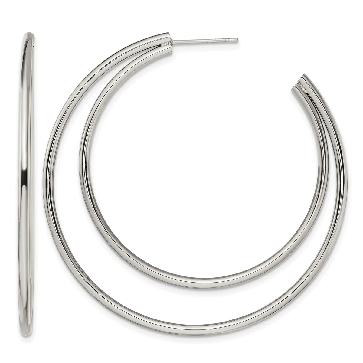 Pair of polished silver-toned hoop earrings with a smooth, curved design and post backs, displayed against a white background.