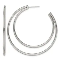 Pair of polished silver-toned hoop earrings with a smooth, curved design and post backs, displayed against a white background.