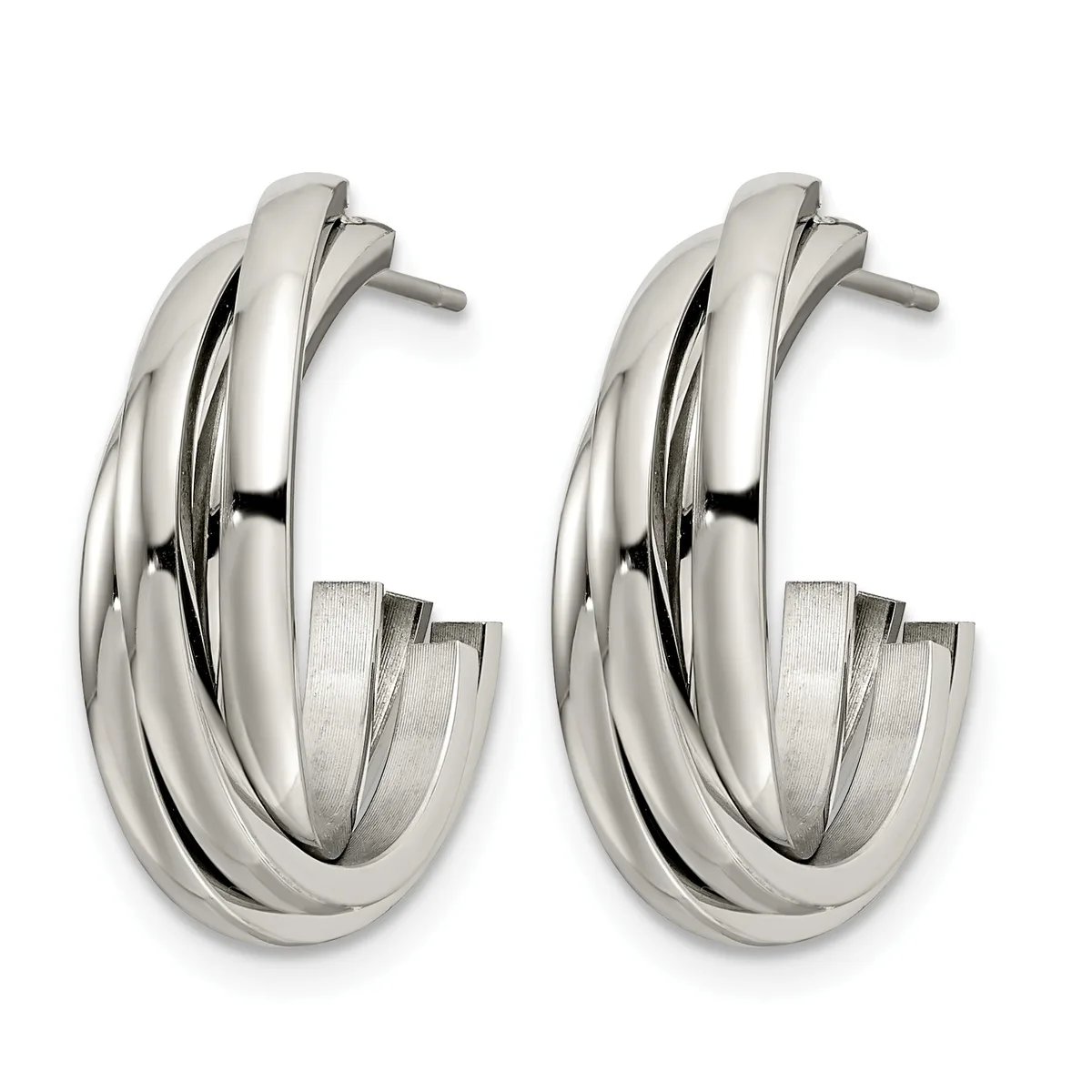 Pair of polished silver-tone chunky twisted hoop earrings with post backs, displayed against a white background.