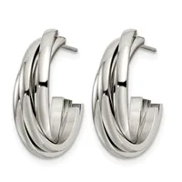 Pair of polished silver-tone chunky twisted hoop earrings with post backs, displayed against a white background.
