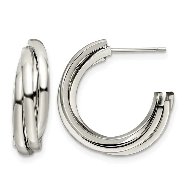 A pair of polished silver chunky hoop earrings with a layered triple-band design, shown from front and side views with post and clutch backs.