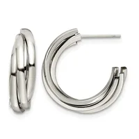 A pair of polished silver chunky hoop earrings with a layered triple-band design, shown from front and side views with post and clutch backs.