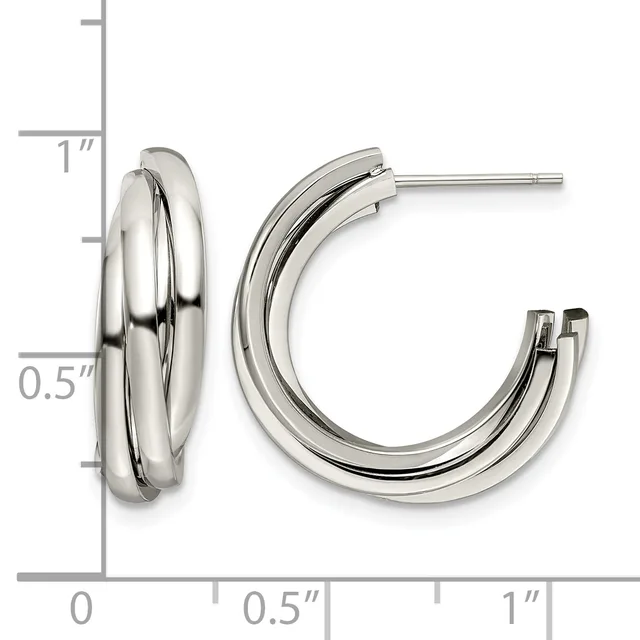 A pair of polished silver hoop earrings with a chunky, layered design shown next to a ruler indicating approximately one inch in height.