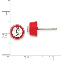 Red enamel stud earrings with round bezels holding clear round crystals, shown next to a measurement ruler indicating approximately 0.5 inches in diameter.