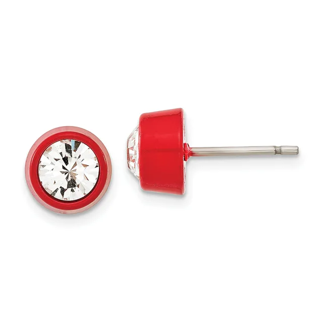 Pair of red resin stud earrings with round clear crystal centers and stainless steel posts, shown from front and side views.