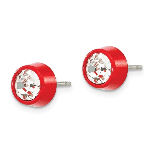 A pair of red resin stud earrings with clear crystal centers and stainless steel posts, shown from the front against a white background.