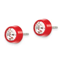 A pair of red resin stud earrings with clear crystal centers and stainless steel posts, shown from the front against a white background.