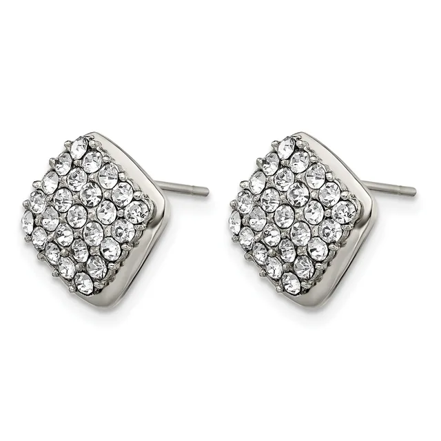 A pair of square stud earrings with rounded corners set with clustered clear crystals in a silver-toned metal setting.