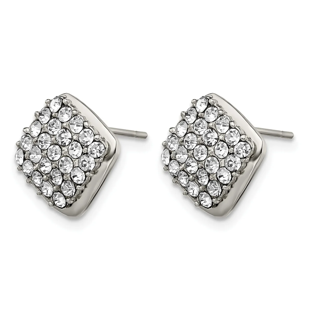 A pair of square stud earrings with rounded corners set with clustered clear crystals in a silver-toned metal setting.