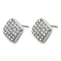 A pair of square stud earrings with rounded corners set with clustered clear crystals in a silver-toned metal setting.