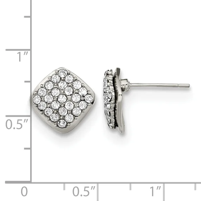 Pair of diamond stud earrings with square cushion-shaped settings containing multiple round diamonds, shown with measurement scale indicating approximately 0.5 inches in height.