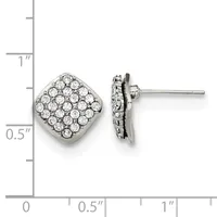 Pair of diamond stud earrings with square cushion-shaped settings containing multiple round diamonds, shown with measurement scale indicating approximately 0.5 inches in height.