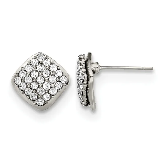 A pair of square stud earrings with rounded corners set with small round diamonds in a paved pattern, shown from front and side views.