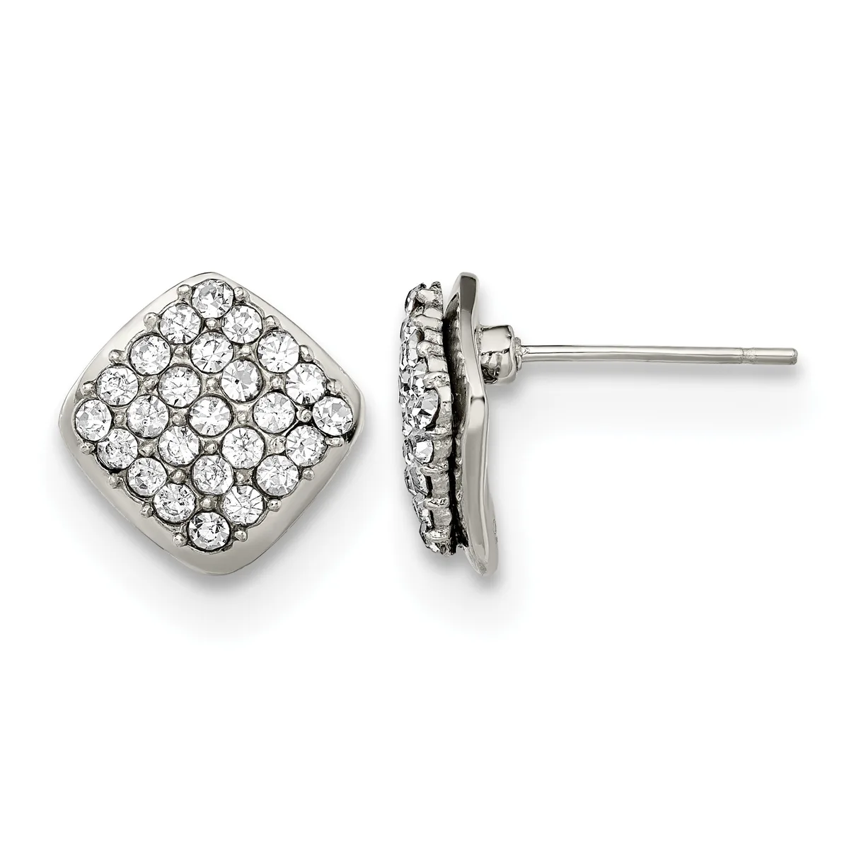 A pair of square stud earrings with rounded corners set with small round diamonds in a paved pattern, shown from front and side views.