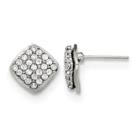A pair of square stud earrings with rounded corners set with small round diamonds in a paved pattern, shown from front and side views.