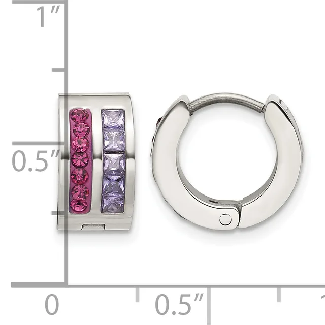 Pair of silver huggie hoop earrings with pink and purple square gemstones set in two vertical channels, shown with a measurement scale indicating approximately 0.5 inches in diameter.