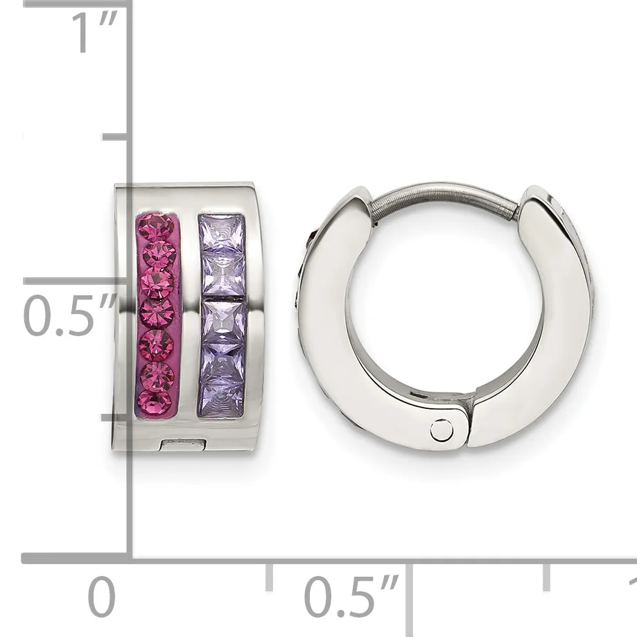 Pair of silver huggie hoop earrings with pink and purple square gemstones set in two vertical channels, shown with a measurement scale indicating approximately 0.5 inches in diameter.