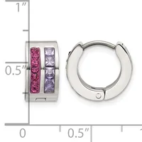 Pair of silver huggie hoop earrings with pink and purple square gemstones set in two vertical channels, shown with a measurement scale indicating approximately 0.5 inches in diameter.
