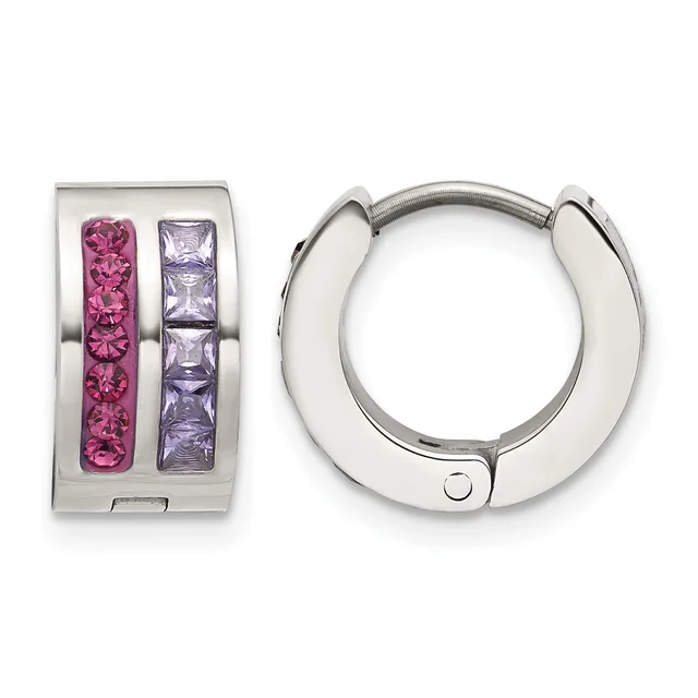 A pair of silver huggie earrings with pink and purple square-cut gemstones set in two vertical rows on the front face.