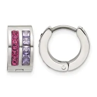 A pair of silver huggie earrings with pink and purple square-cut gemstones set in two vertical rows on the front face.