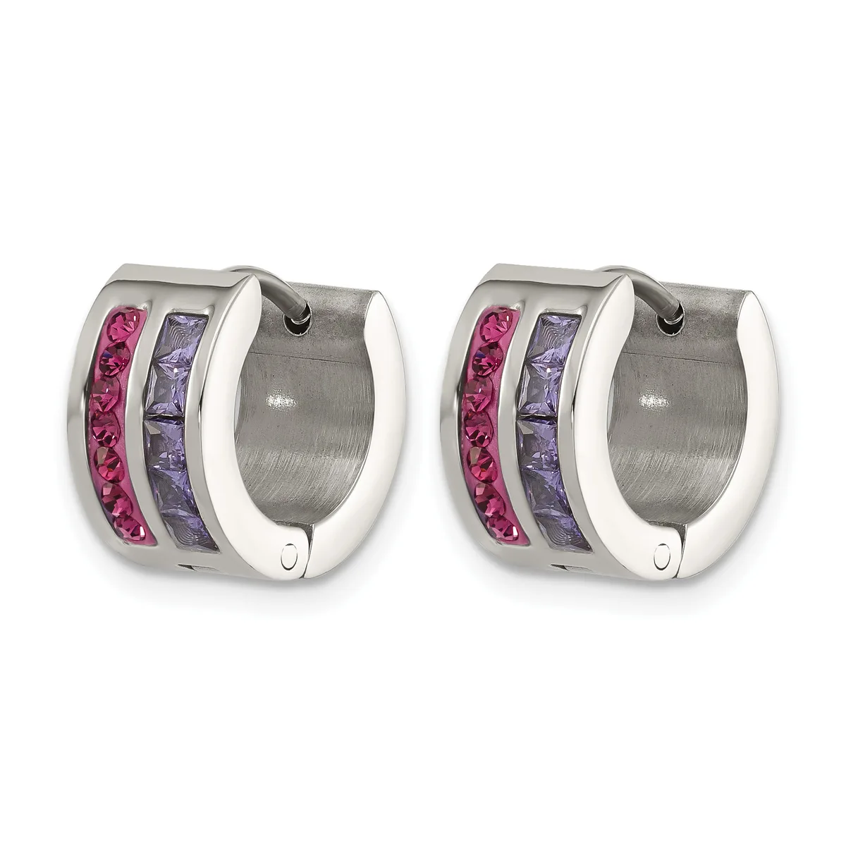 A pair of polished stainless steel hoop earrings with inset rows of pink and purple crystals, shown from the front.