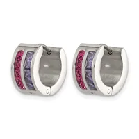 A pair of polished stainless steel hoop earrings with inset rows of pink and purple crystals, shown from the front.