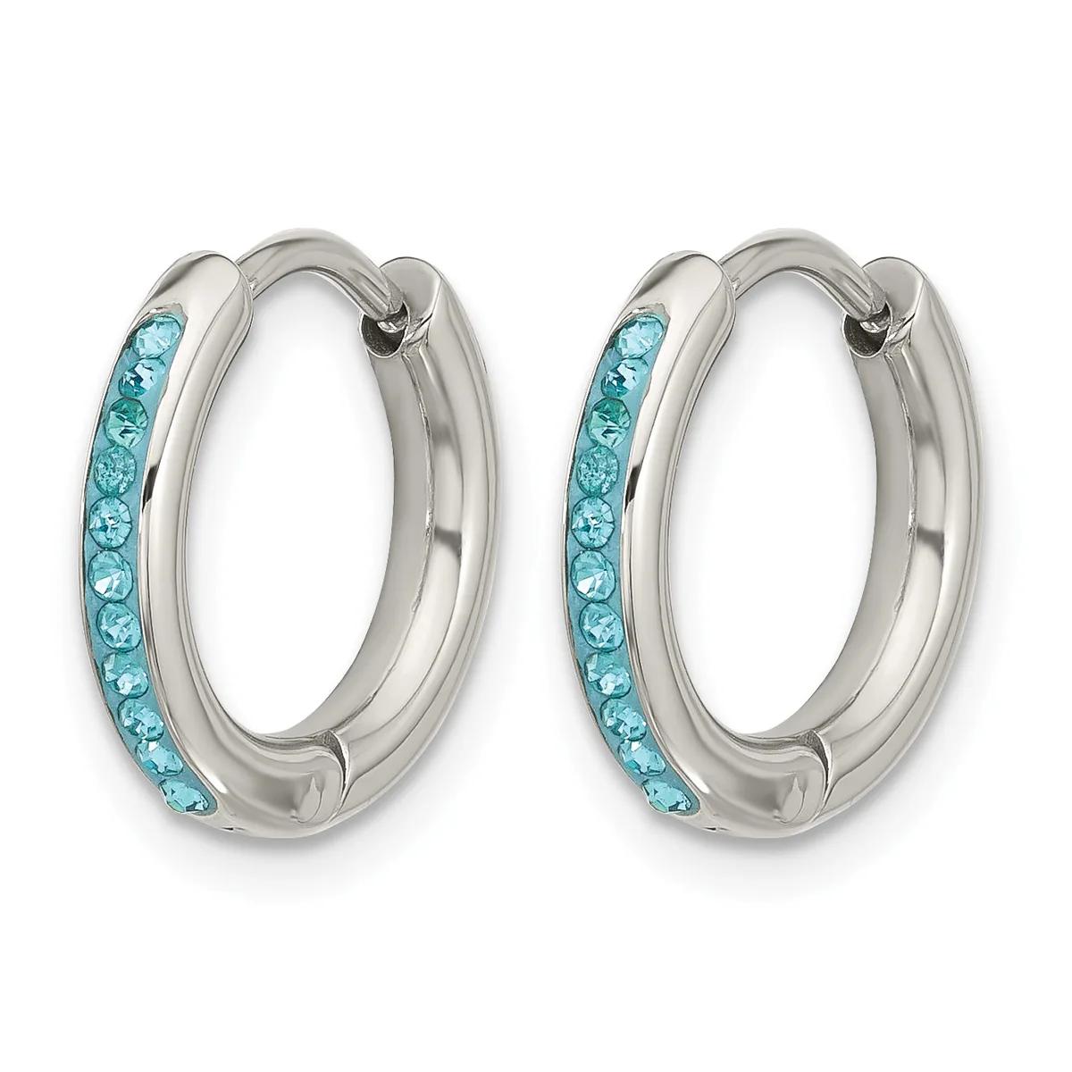 A pair of silver-toned hoop earrings with light blue crystals set along the front curved surface.