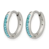 A pair of silver-toned hoop earrings with light blue crystals set along the front curved surface.