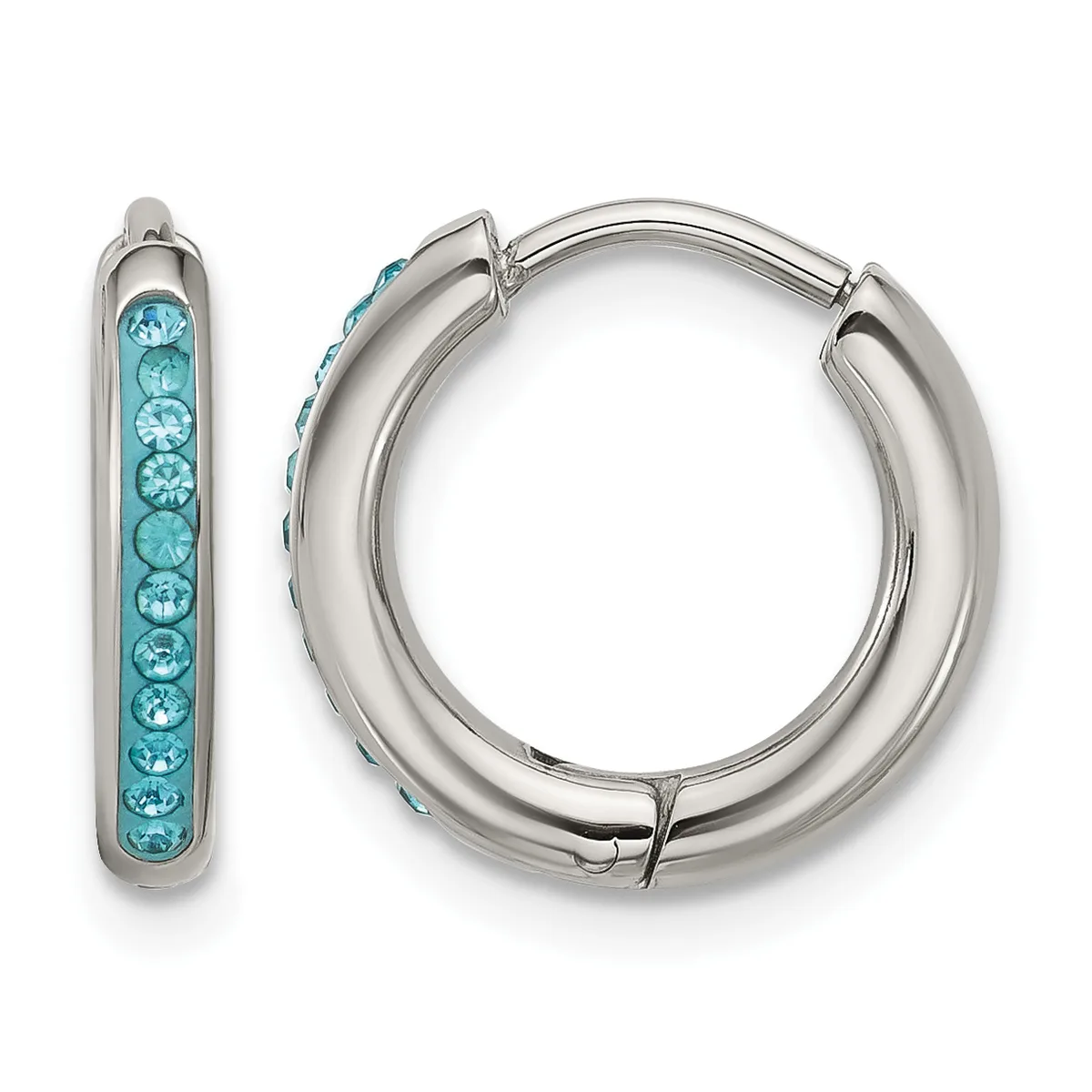 A pair of silver-toned hoop earrings, one displaying a row of turquoise crystals along its front surface, shown from the front and side.