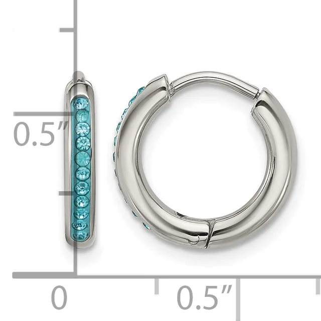 A pair of silver hoop earrings with turquoise crystals set along the front, shown with a measurement scale indicating approximately 0.5 inches in diameter.