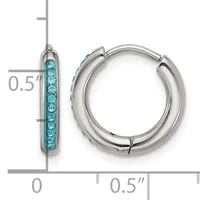 A pair of silver hoop earrings with turquoise crystals set along the front, shown with a measurement scale indicating approximately 0.5 inches in diameter.