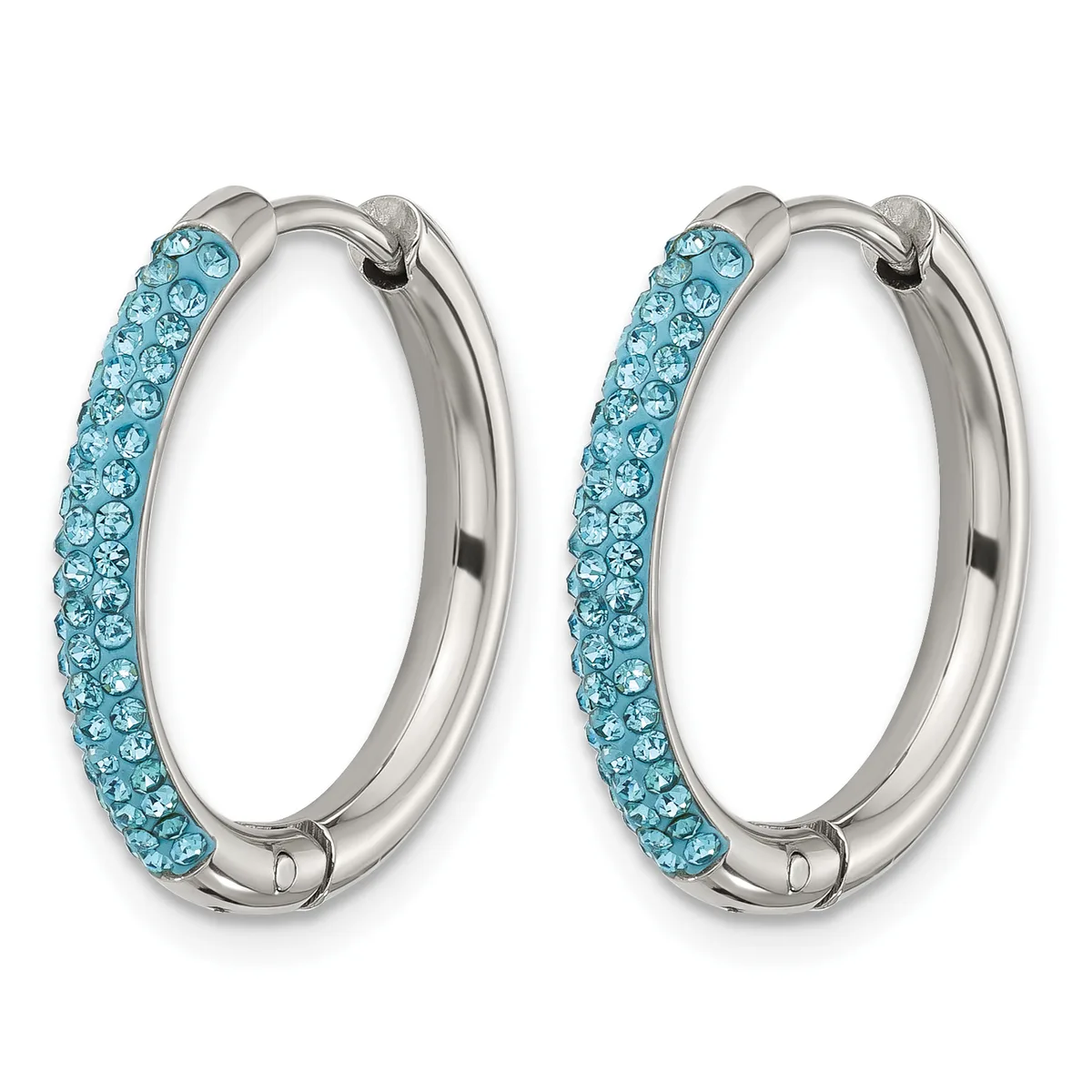 A pair of silver-toned hoop earrings with light blue rhinestones set along the outer curved surface, shown from the front.