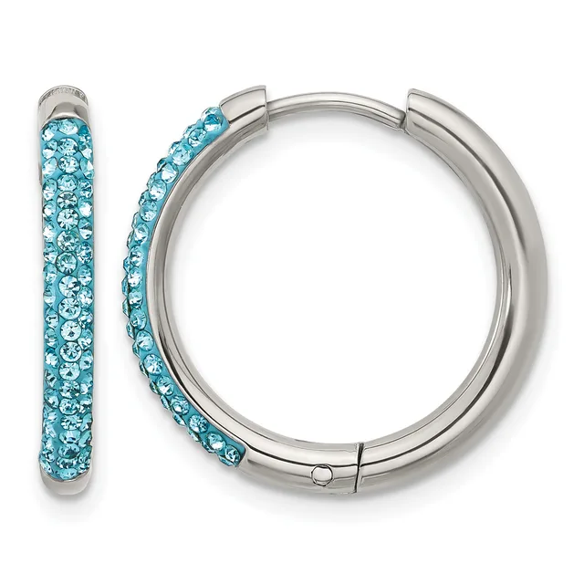 A pair of silver-tone hinged hoop earrings with light blue crystals covering the outer surface, shown from the front and side.
