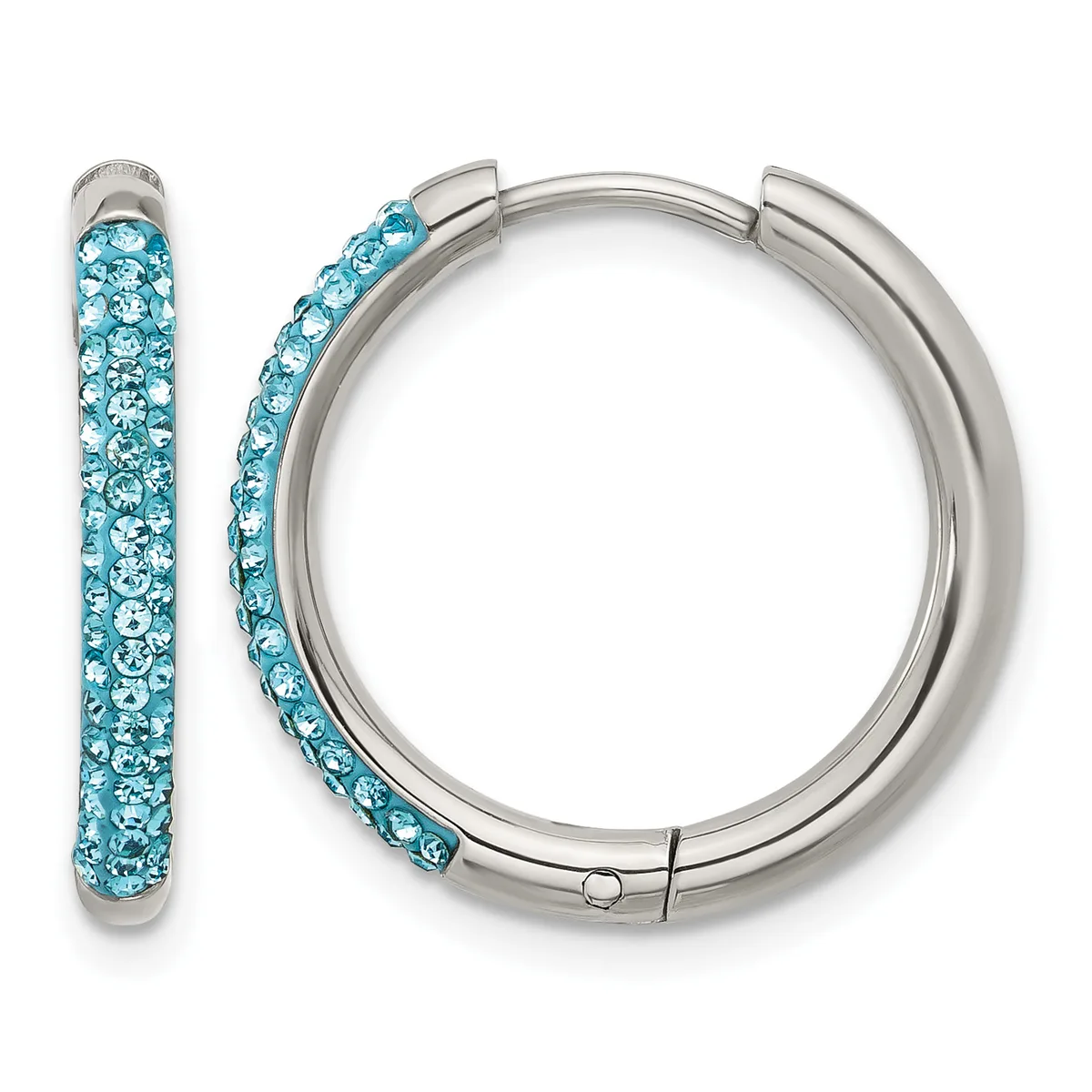 A pair of silver-tone hinged hoop earrings with light blue crystals covering the outer surface, shown from the front and side.