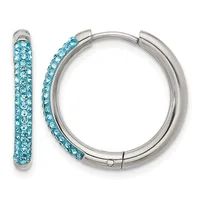 A pair of silver-tone hinged hoop earrings with light blue crystals covering the outer surface, shown from the front and side.