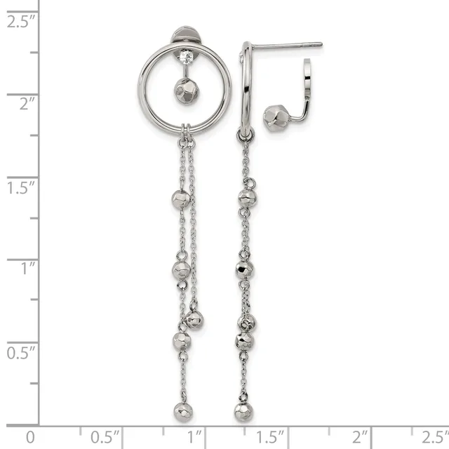 Silver-toned circular stud earring with dangling chain and beaded accents, shown next to a matching longer chain drop earring with beaded details, displayed on a measurement scale.