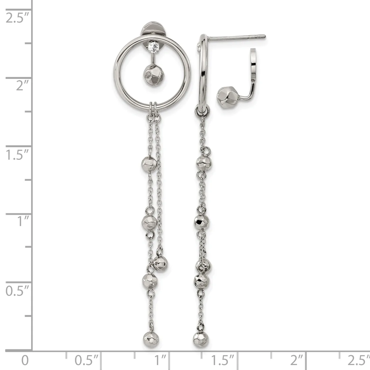 Silver-toned circular stud earring with dangling chain and beaded accents, shown next to a matching longer chain drop earring with beaded details, displayed on a measurement scale.
